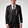 Eleganter Hochzeitsanzug für den Bräutigam in Mitternachtsblau mit Satinrevers, Weste und Krawatte