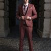 Eleganter Bräutigamanzug in Bordeauxrot mit Weste und Hochzeitskrawatte, getragen in historischer Kulisse mit edlem Flair.