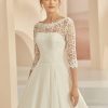 Detailansicht Spitzenoberteil mit 3/4-Ärmeln und Herz-Ausschnitt – romantisches Boho Brautkleid