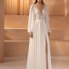 A-Linie Brautkleid mit langen Ärmeln, tiefem Ausschnitt und Schlitz aus Chiffon